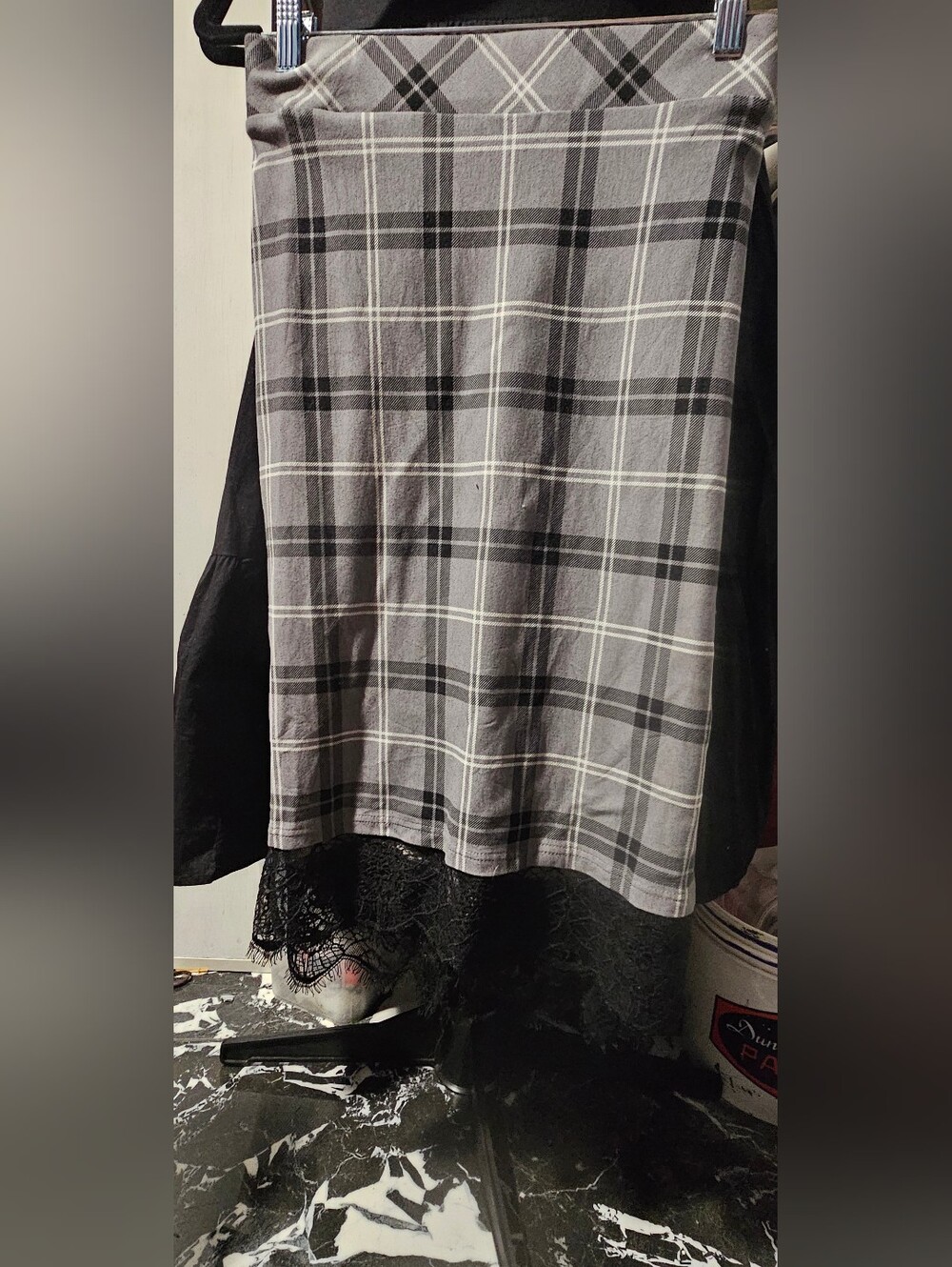 Gray Plaid Midi Skirt with Lace Hem